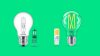 Una infografía que muestra una comparación entre una bombilla halógena y dos tipos de bombillas LED, enfatizando la eficiencia energética de la iluminación LED.