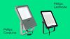 Dos tipos de proyectores LED, Philips Ledinaire y Philips CoreLine, se muestran contra un fondo blanco, destacando las diferencias en diseño y tamaño adecuados para varias aplicaciones exteriores.